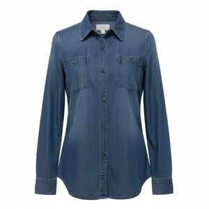 LL Bean Signature women 14 Denim Shirt Blue Chambray Button Down Long Sleeve